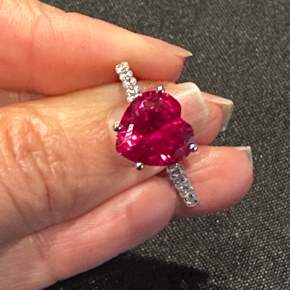 Lab Created Ruby Heart Silver Ring - image 2
